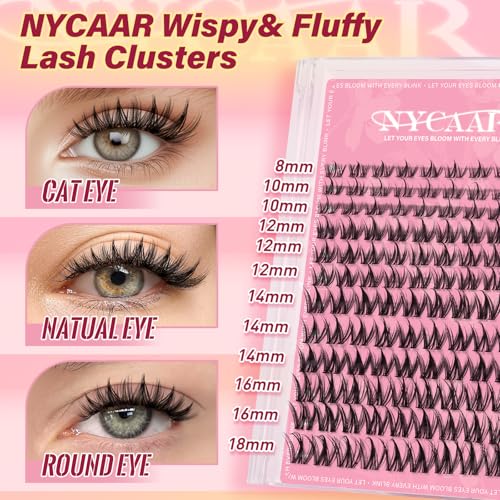 Lash Clusters Natural Look Manga Eyelash Clusters Anime 144pcs D Curl 8-18MIX Spiky Wispy Individual Lashes with Soft Thin Band Lash Extension(NY06,8-18MIX)