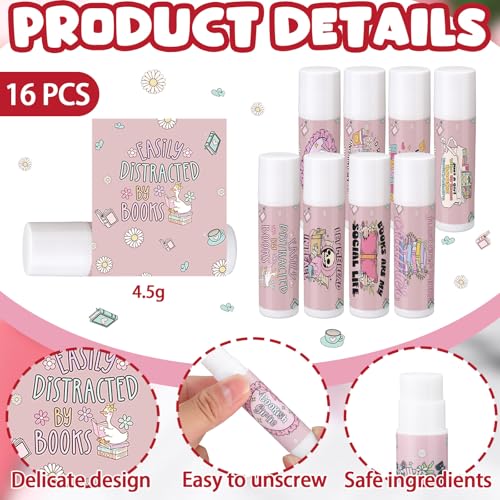 16 Pcs Book Club Lovers Gifts Bookish Book Lip Balms Party Supplies Librarian Bookworms Readers Set for Women Men Small Gifts for Books Club Members