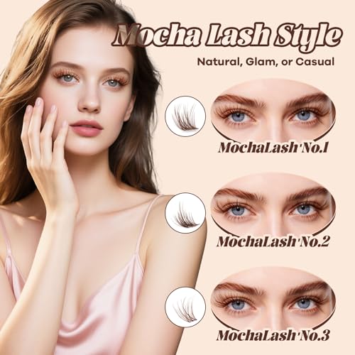 B&Q Brown Lash Clusters Kit Natural Mochalash Clusters 01, Brown Eyelash Clusters Kit C-Curl Cluster Eyelash Extensions 8-16mm Wispy Lash Eyelashes Kit for Fair/Dark Hair(Mochalash 01 Set)