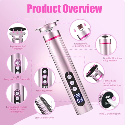 Electric Callus Remover for Feet ? 2-in-1 Rechargeable Foot Sander with Sandpaper Discs & Nail Drill Bits, Adjustable Speed, LED Display, Professional Pedicure Tool for Home & Travel