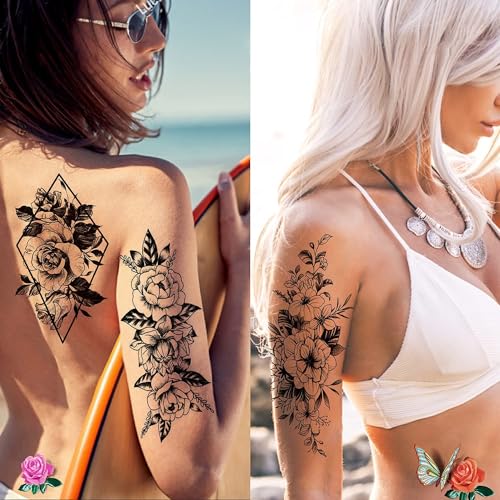 Cerlaza Temporary Tattoos for Women, Fake Flower Tattoos Stickers for Adults, Semi Permanent Half Sleeve Tattoo Body Leg Makeup Waterproof, Flower 3D Butterflies Tatuajes Temporales-12 Sheets