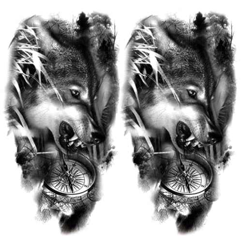 2 Sheets Realistic Animal Temporary Tattoos Stickers Forest Compass Wolf Designs For Men Waterproof Arm Leg Fake Body Art, Gym & Parties Bold Masculine Decals