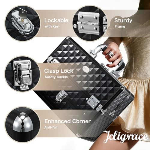 Joligrace Makeup Train Cases Professional Travel Makeup Cosmetic Cases Organizer Portable Box with Drawer Black
