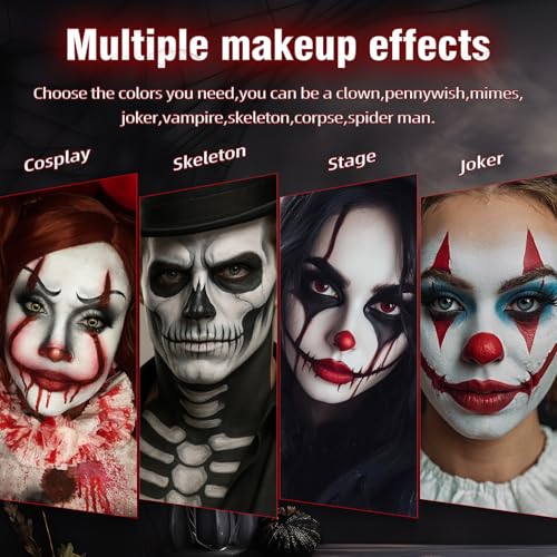 White Black Red Halloween Face Body Paint with 3PCS Sponge and 1PC Brush, for Baseball, Softball Sports(Eye Black) & Halloween (Joker, Clown), Face Painting Kit for Cosplay, SFX Costumes
