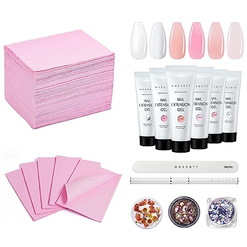 Makartt Poly Nail Gel Kit, Clear Pink Spring Summer Color Nail Extension Set Bundle with Disposable Nail Mats,50Pcs Pink Fordable Nail Paper Towels for Table Acrylic Nail Practice Sheet
