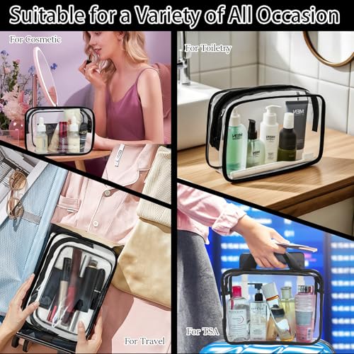 4 Packs Large Clear Comestic Bag, Waterproof Clear Makeup Toiletry Organizer Pouch, Reusable PVC Plastic Storage Bags with Zipper for Travel (4, Black)