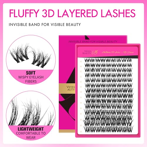 VEYESBEAUTY Lash Clusters Fluffy Individual Lash Extensions VBmuse 3D Layered Volume Eyelashes Thin & Invisible Band Wispy Faux Mink Lash Silk Bloom 3D Series Mixed Length 10-18mm