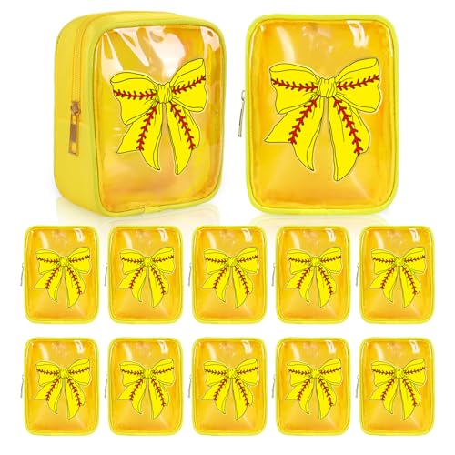 JarThenaAMCS 12Pcs Softball Bow Clear Makeup Bags Yellow Red Plastic Cosmetic Bags Waterproof Toiletry Travel Pouch for Sport Team Party Favor Supplies