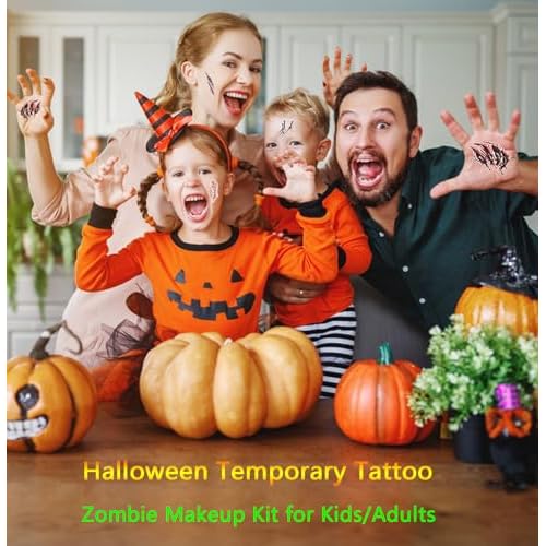 Face Body Horror Realistic Fake Scar Scab Waterproof Temporary Tattoos Sticker Halloween Fool's Day Zombie Masquerade Prank Makeup Props for Kids Adult Fun (8 Sheets)