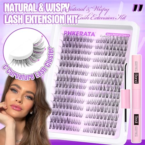 Wispy Lash Extension Kit Natural Lash Clusters Kit DIY Eyelash Extensions Kit 252 pcs Individual Lashes Clusters Wispy Eyelash Clusters with Lash Bond and Seal at Home Cat Eye Cluster