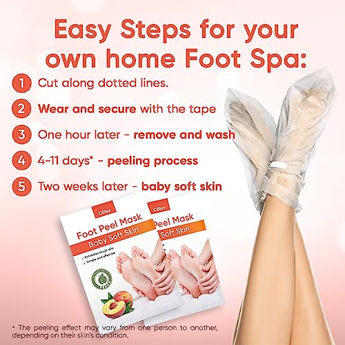 C?LOR Foot Peeling Mask for Dry Cracked Feet | Foot Mask to Exfoliate Rough, Cracked, Dry Feet, Calluses for Soft Baby Feet Results | Made with Aloe Vera Extract for Women & Men (5 Pairs) | Peach