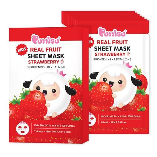 Puttisu Real Fruit Facial Mask Sheet for Kids, Children - Made with 100% Cotton, Moisturize, Sooths and Hydrates Skin (Strawberry- Pack of 21)