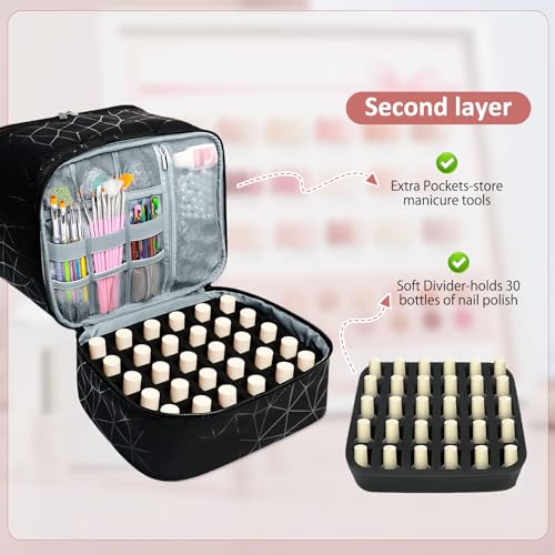 Esoes Nail Polish Organizer Case Double-Layer Nail Bag Storage PU Leather Waterproof Nail Organizer Holds 30 Bottles(15ml) and 1 Nail Lamp Large Travel Nail Supplies Shoulder Bag