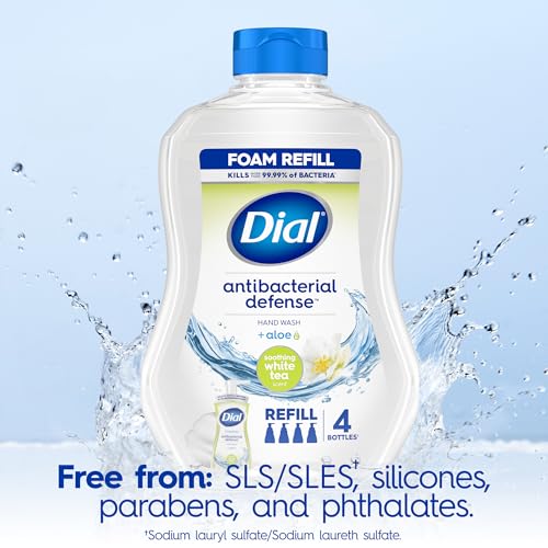 Dial Antibacterial Defense Foaming Hand Soap + Aloe, Soothing White Tea, 30 Fl Oz Hand Soap Refill (Pack of 4), Dermatologist-Tested, Gentle on Skin