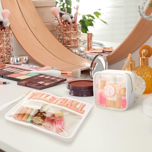 2 Pcs Pink Volleyball Cosmetic Bag Gifts Sport Cheer Makeup Bags Clear PVC Waterproof Toiletry Zipper Travel Pouch for Women Girls Soccer Softball Volleyball Tennis Lovers Players Team