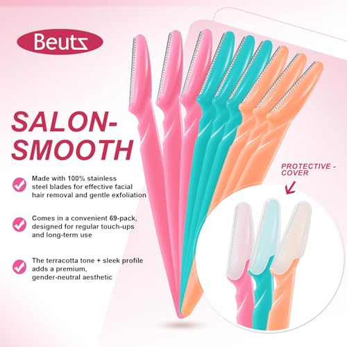 Face Razor for Women, 69Pcs Dermaplane Razor for Facial Hair Removal, Precision Eyebrow Razor with Safety Cap, Gentle Face Shaver for Dermaplaning & Exfoliation