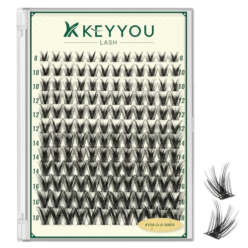 KEYYOULASH Lash Clusters Manga Lash Extension D Curl 144pcs 8-18mm Wispy Eyelash Clusters Natural Volume Eyelash Extensions Individual Lashes DIY at Home(KY08,D-8-18MIX)
