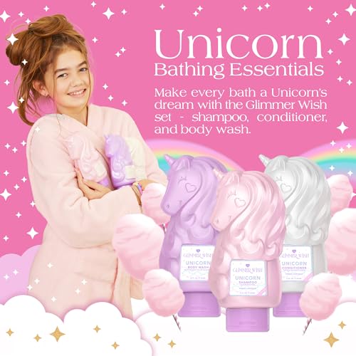 Glimmer Wish Premium Unicorn Shampoo + Conditioner + Body Wash, Vanilla Cotton Candy Scent, Dermatologist Tested, Sulfate & Sulfite Free, Paraben Free, PEG & EDTA Free, 100% Vegan, Cruelty & Gluten