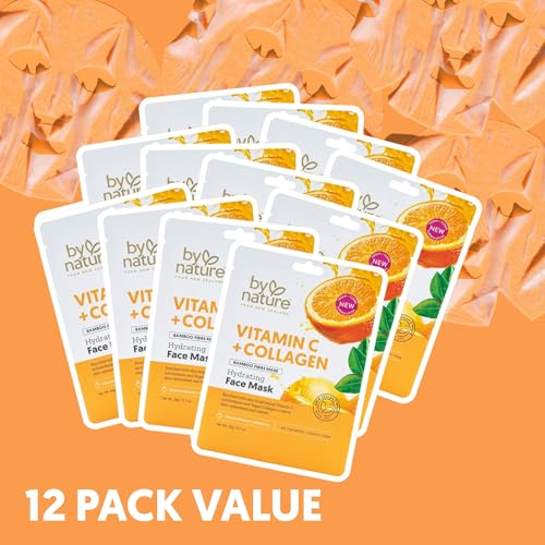 By Nature Vitamin C + Collagen Sheet Face Mask with Vitamin E ? Firming, Anti-Aging Facial Treatment for Radiance, Elasticity & Hydration ? Skincare for Pre-Event Glow & All Skin Types ? Pack of 12