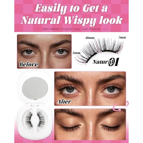 Natural Look Magnetic Eyelashes Magnet - Lashes Reusable Double Sided Magnetic Lashes With Applicator and Mirror, Easy To Wear And Remove, No Glue Needed Strip Lashes, Black Faux Cils by EMEDA (#29)