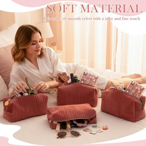 6 Pieces Plush Velvet Cosmetic Bags with Gold Zipper Terry Quilted Makeup Bag Coquette Toiletry Organizer Bridesmaid Proposal Gifts for Wedding Bachelorette Party(Pink)
