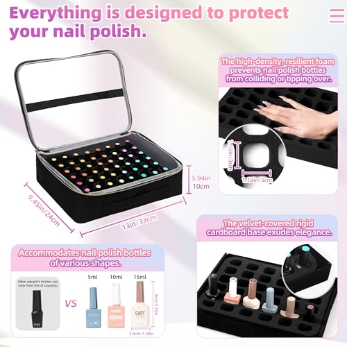DERSTUEWE Nail Polish Organizer Case ? Waterproof Travel Bag with Hard Bottom ? Double Layer Nail Storage Bag with Adjustable Dividers & Nail Lamp Compartment (Black)