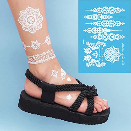 6 Sheets White Henna Temporary Tattoos for Women Girls Lace Fake Tattoo Stickers Mystery Sexy Mandala Flower Body Art Design Waterproof Henna Sticker DIY Goddess Look