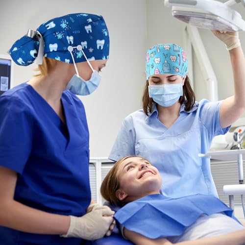 12 Pcs Dental Scrub Cap for Women Nurse Cap with Button Adjustable Dentist Surgical Hat Long Hair Ponytail Pouch Hat