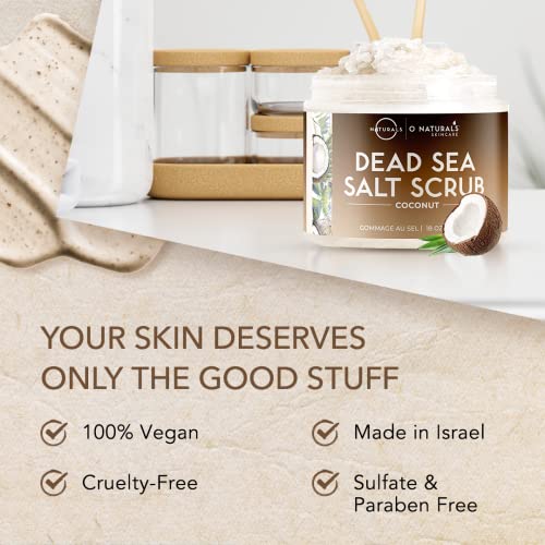 O Naturals Exfoliating Scrub, Natural Dead Sea Salt Deep-Cleansing Face & Body Scrubs. Anti-Cellulite Tones Helps Oily Skin, Acne, Ingrown Hairs & Dead Skin Remover - Coconut Oil 18oz