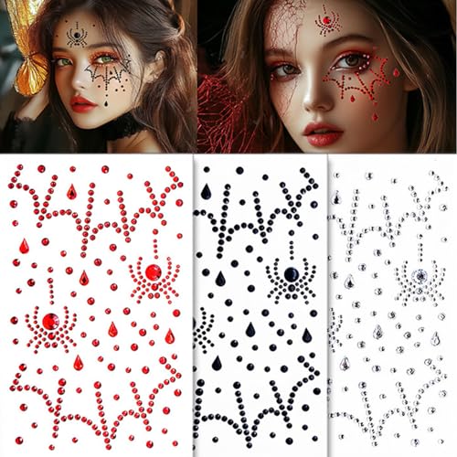 Spider Face Jewels Rhinestones Spider Web Face Gems Stick on Jewels Tattoo Festival Diamonds for Halloween Face Makeup,3-Pack