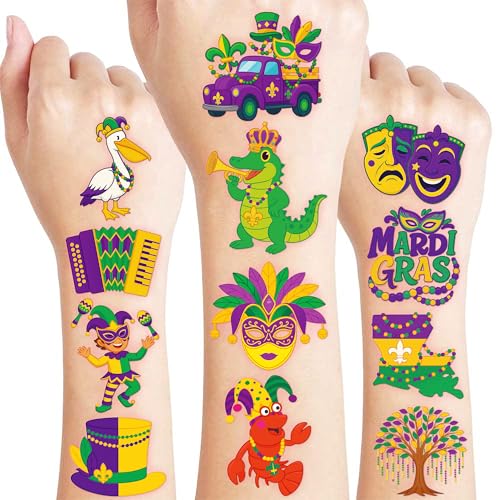 96 PCS Happy Mardi Gras Pre-Cut Temporary Tattoos for Kids | Super Cute Themed Birthday Party Favors, Supplies, Decorations, Festival Fake Tattoo Stickers, School Rewards Prizes & Gifts Boys & Girls