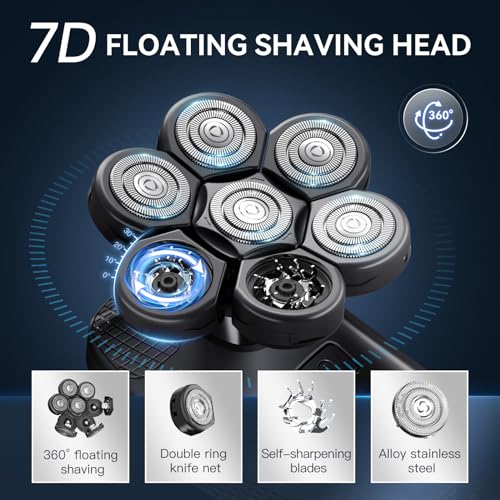 7D Head Shavers for Bald Men - 5 in 1 kensen Electric Head Hair Shaver, Head Electric Razor with Nose Hair & Beard Trimmer Cordless IPX6 Waterproof Wet Dry LED Display Travel Case