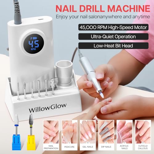 Professional Nail Drill with Charging Dock & Ceramic/Tungsten Bits, 45000RPM Stepless Speed Cordless Efile for Fast Acrylic Gel Removal, Electric Nail File Machine for Home Salon Use (White)