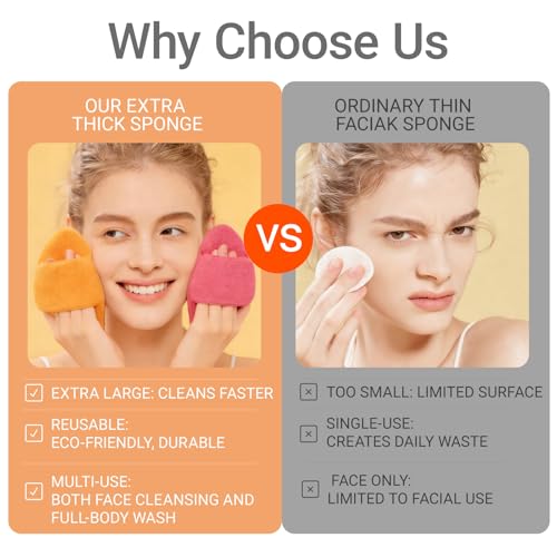 3Pcs Large Facial Sponge Set, 5.9in Reusable Cleansing Puff Colorful Makeup Remover Exfoliating Pads for Gentle Cleansing, Soft Face Sponge for Daily Face Wash(Pink Orange Green)