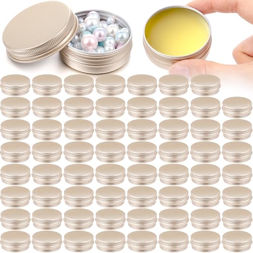 Patelai 64 Pieces Lip Balm Tin Containers Screw Top Round Tin Cans Aluminum Jar with Screw Lid, Empty Bottle Travel Cosmetic Sample Container for DIY(1 oz,Champagne)