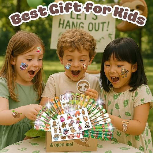 48 PCS Sloth Party Set: 24 PCS Temporary Tattoos & 24 PCS Slap Bracelets - Themed Gifts for Kids, Girls, Boys - Perfect for Birthday Parties, Baby Showers, Classroom Rewards, Party Decorations