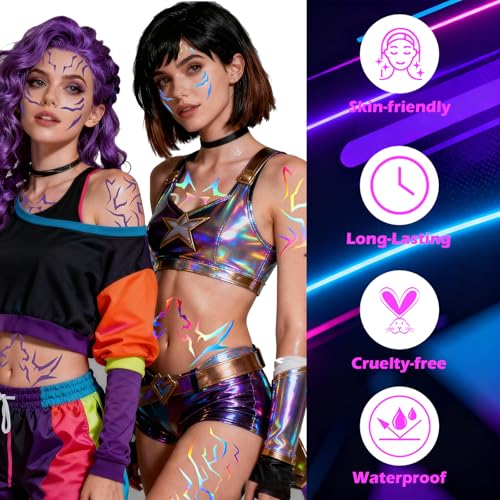 Boko Movie Anime Purple Temporary Tattoos Dance Cosplay, Holographic Glitter Temporary Tattoos, Full Body Cosplay Tattoo Sticker for Themed Party Music Festivals Halloween Prop Accessories (16Pcs)