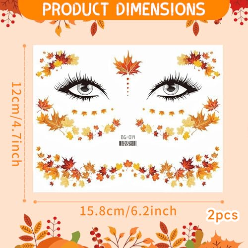 Fall Maple Face Sticker Autumn Maple Face Tattoo Stickers Thanksgiving Temporary Tattoos Stickers Fashion Maple Leaf Art Tattoo Sticker Thanksgiving Party Face Accessories for Body/Facial Makeup