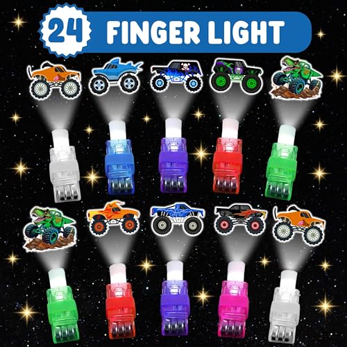 72 PCS Monster Truck Party Favors ? 48 PCS Luminous Tattoos & 24 PCS LED Finger Lights Combo ? Birthday Goodie Bag Fillers, Party Supplies, Gifts Light Up Toys Glow In The Dark for Boys and Girls