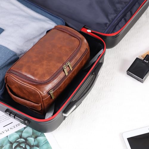 Toiletry Bag for Men, Hanging Travel Shaving Dopp Kit for Men and Women, Water-resistant Toiletries Organizer Bags, PU Leather Cosmetic Bags for Makeup Accessories (Dark Brown)