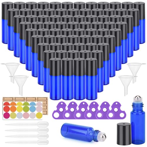 Easytle 96 Pack Essential Oil Roller Bottles 5ml Blue Glass, Reusable, Leak-Proof, UV Protection, Travel & Personal Care, 384 Labels, 8 Opener, 16 Funnels, 16 Droppers