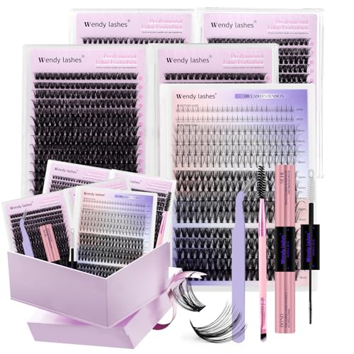WENDY LASHES Clusters Kit With Bottom Lashes 40D+40D+50D+60D+60D+80D 1440Pcs Wispy Eyelash Clusters 10-18mm Natural DIY Lash Extension Kit D Curl for Beginners