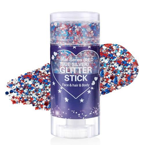 Body Glitter Stick,Sparkling Face Hair Glitter Makeup for Women,Waterproof Hair Glitter,Singer Concert Festival Rave Halloween Accessories,Mermaid Sequins Face Paint Gel Kit (Red Blue Silver)