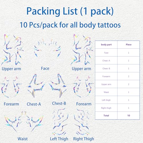 Rumi Tattoos Body Set?10 Purple Pieces per Pack (1 Face, 2 Chest, 2 Upper Arm, 2 Forearm, 1 Waist, 2 Thighs Symmetrical), Temporary Body Tattoos, Waterproof & Skin-Safe (Holographic, 1 Pack)
