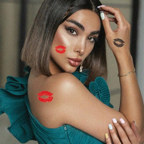 30 Pcs Kiss Lips Temporary Tattoos for Women Men, Red Black Lipstick Fake Tattoo Stickers, Valentine¡¯s Day Halloween Cosplay Party Supplies, Waterproof Long Lasting Body Art Stickers