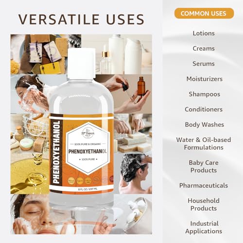 PHENOXYETHANOL Preservative Liquid (32 oz) Paraben-Free; Formaldehyde-Free; Water & Oil Soluble | Suitable for Soap Making, Lotions, Conditioners, Creams | Keeps Products Fresh & Safe | 32 Ounces
