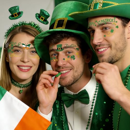 28 Sheets Saint Patrick Face Temporary Tattoo, Green Shamrock Lucky Four Leaf Clover Waterproof Fake Tattoos Face Makeup Freckles Patches For Women Girls St. Patrick's Day Festival Party Supply