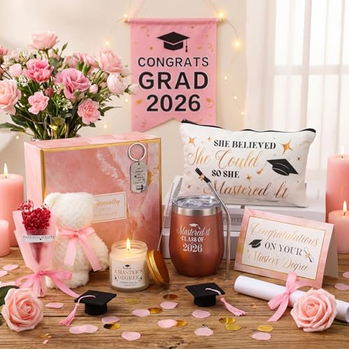 8 Pcs Graduation Gift Set for Women, Including Tumbler, Makeup Bag, Soy Candle, Keychain, Bear Towel, Greeting Card and Gift Box, Graduation Presents for Her (Class of 2026)