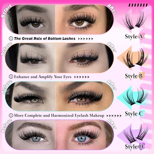 calphdiar Bottom Lash Clusters Kit DIY Eyelash Extensions 4 Styles Bottom Lashes Extension Kit Wispy Lower Eyelash Clusters Kit 5-7mm Natural Individual Lashes 225Pcs for Bottom Lash Extension
