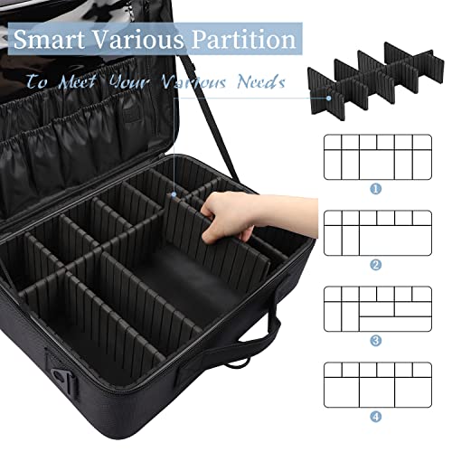 gzcz Large Capacity Travel Makeup Train Case,Professional Cosmetic Bags for Women,Portable Makeup Brush Bag Organizer Storage with Adjustable Dividers and Shoulder Strap